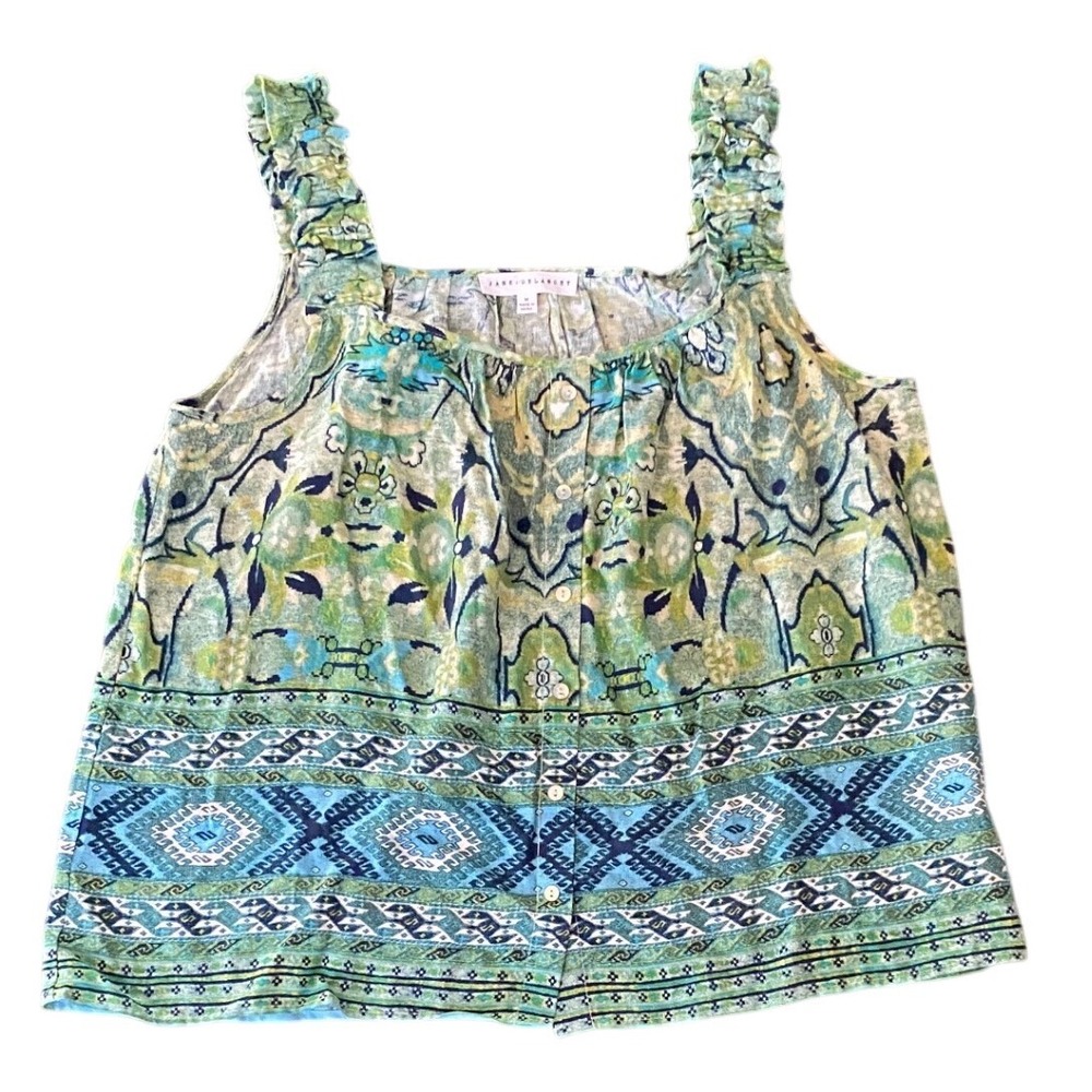Jane + Delancey Womens Green Blue Boho Paisley Geometric Button Front Tank Top M